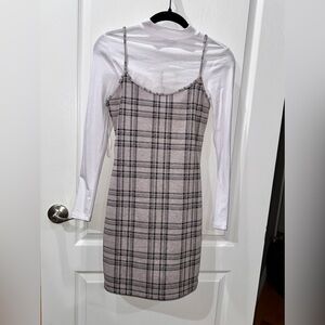 Fashion Nova two piece plaid dress with white crop long sleeve shirt